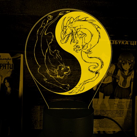 Акриловий 3D світильник-нічник Інь Янь Дракон та лев