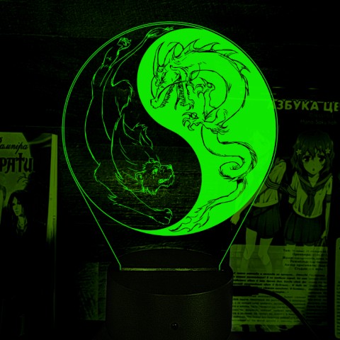 Акриловий 3D світильник-нічник Інь Янь Дракон та лев