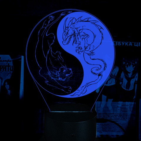 Акриловий 3D світильник-нічник Інь Янь Дракон та лев