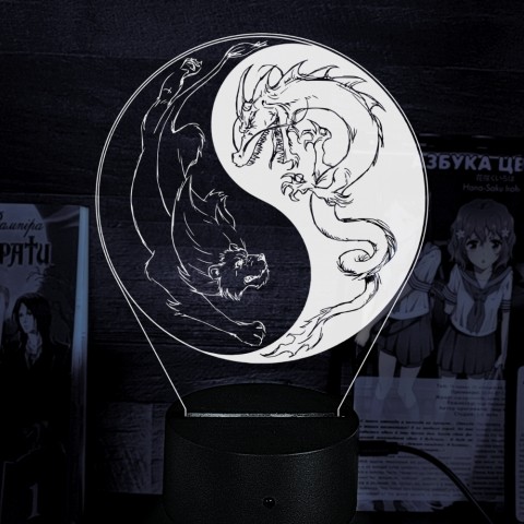 Акриловий 3D світильник-нічник Інь Янь Дракон та лев