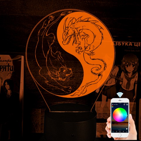 Акриловий 3D світильник-нічник Інь Янь Дракон та лев