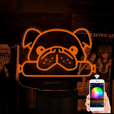 Акриловий 3D світильник-нічник Мопс із сосискою