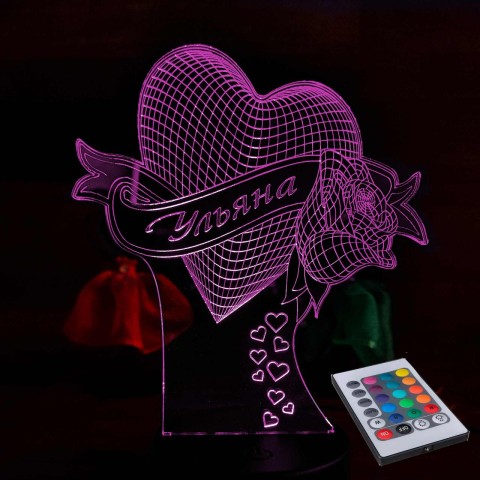 Акриловий 3D світильник-ночник серце з ім'ям
