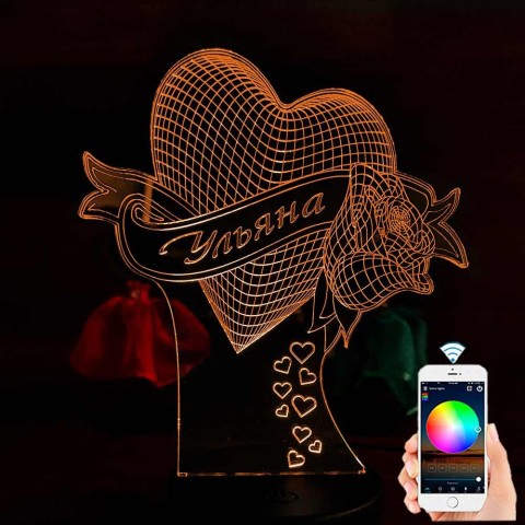 Акриловий 3D світильник-ночник серце з ім'ям