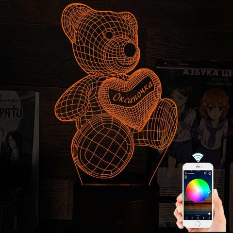 Акриловий 3D світильник-нічник ведмідь із серцем 3