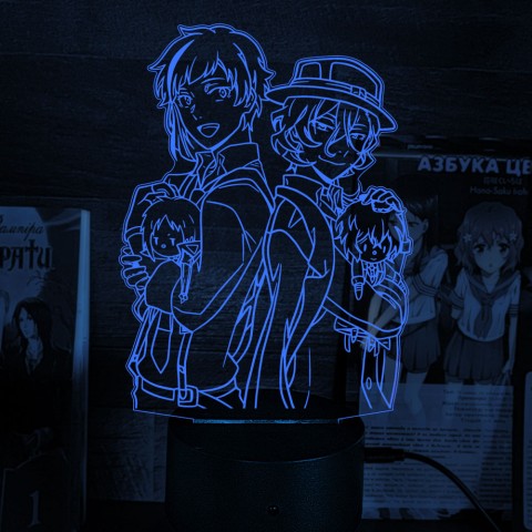 Акриловий 3D світильник-нічник Дазай и Чуя "Великий з Бродячих Псів" 