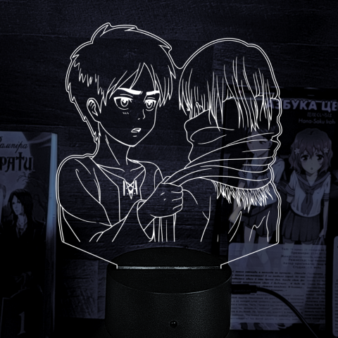 Акриловий 3D світильник-нічник Мікаса Акерман та Ерен Йегер Атака Титанів